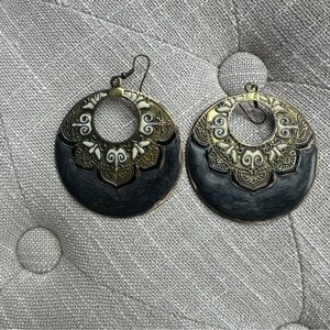 Boho Black and Gold Filigree Hoop Dangle Earrings